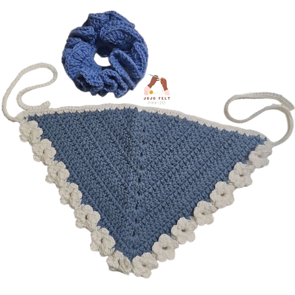 Light Blue/White Daisy Edge Bandana & 3D Ruffle Scrunchie Bundle, HandmadeByMe